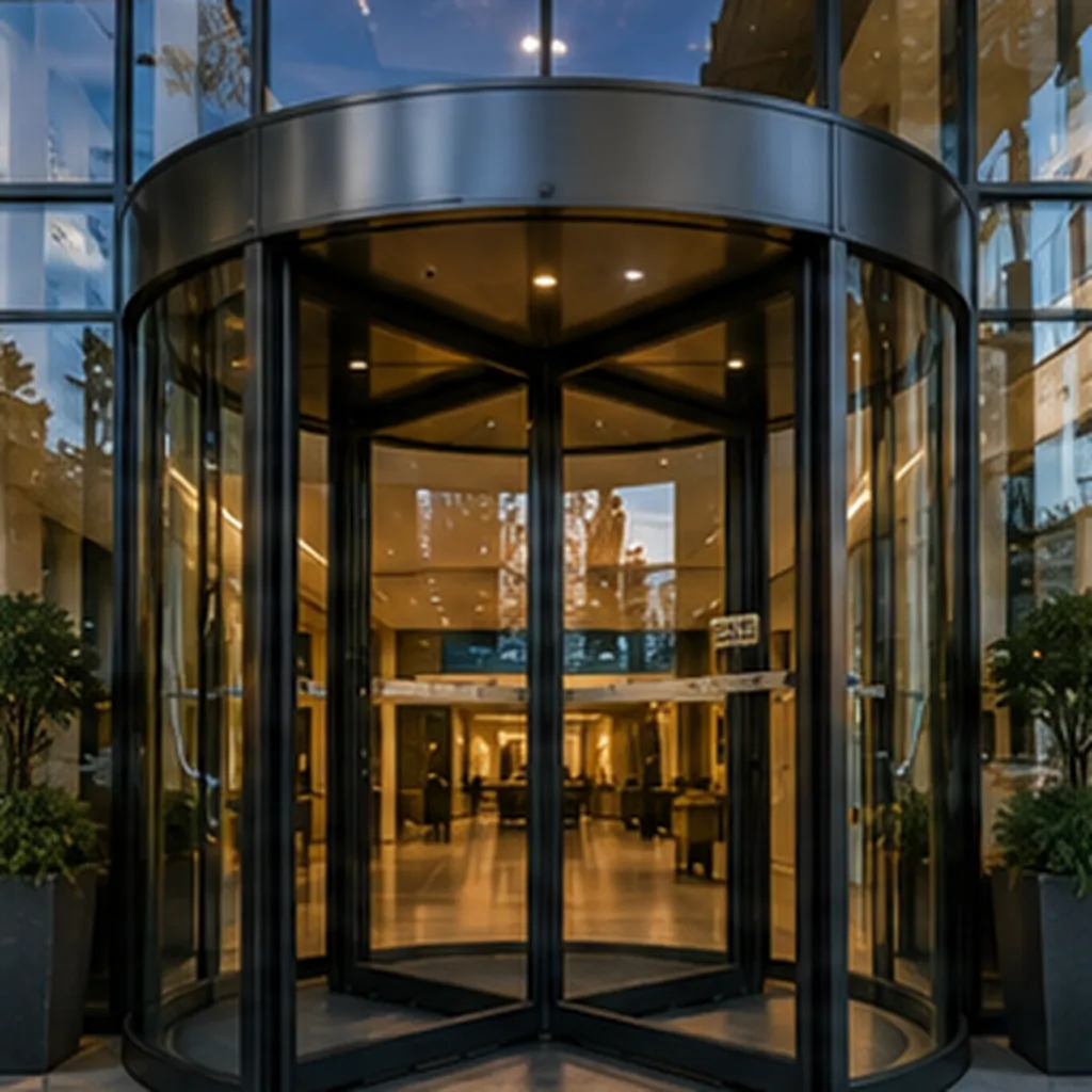 Illustration of some big buildings use spinning doors instead of regular ones for the question "Why do some big buildings use spinning doors instead of regular ones?"