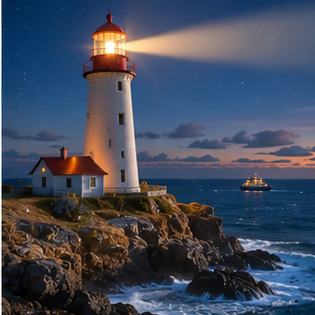 Illustration of a lighthouse warn ships away from dangerous rocks in the dark for the question "How does a lighthouse warn ships away from dangerous rocks in the dark?"