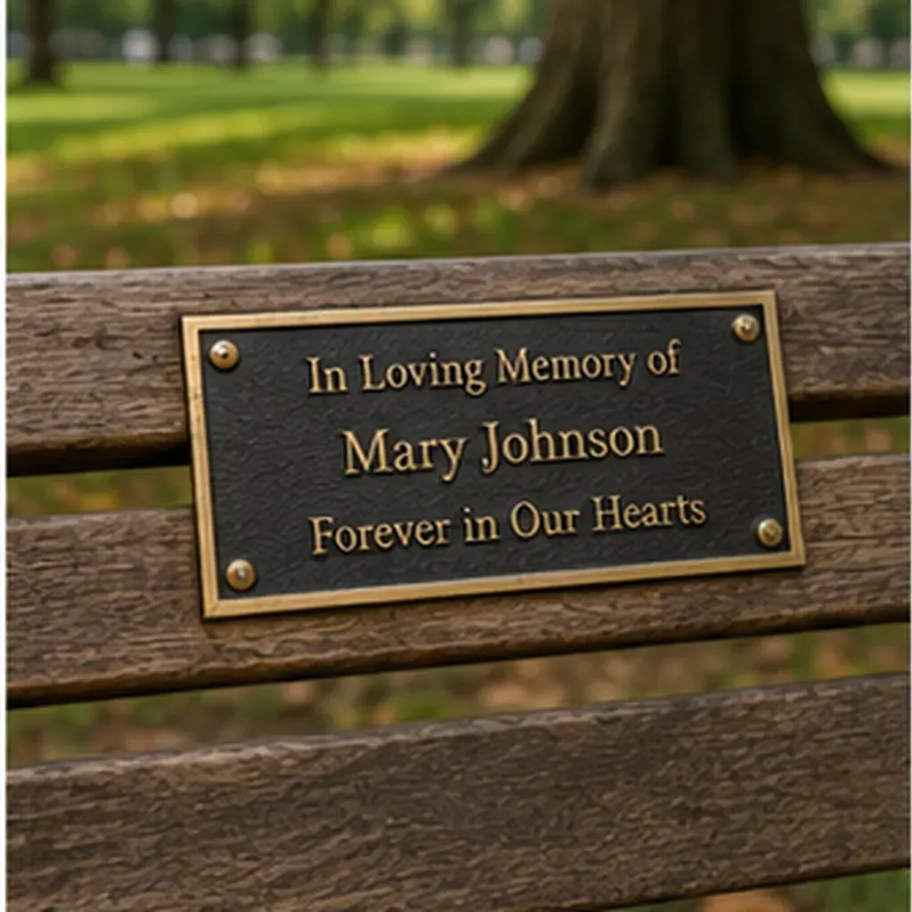 Illustration of some park benches have little metal plaques with names on them for the question "Why do some park benches have little metal plaques with names on them?"