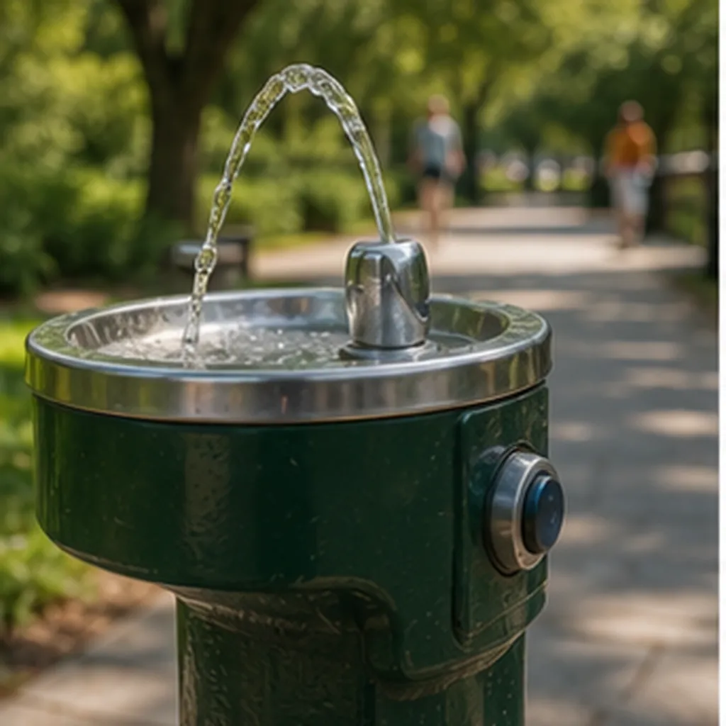 Illustration of a public drinking fountain give clean water without a tap for the question "How does a public drinking fountain give clean water without a tap?"