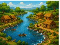 Illustration of people live near rivers for the question "Why do people live near rivers?"