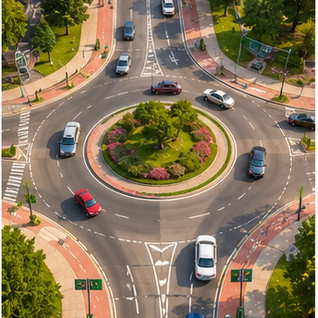 Illustration of busy junctions sometimes use a circle instead of traffic lights for the question "Why do busy junctions sometimes use a circle instead of traffic lights?"