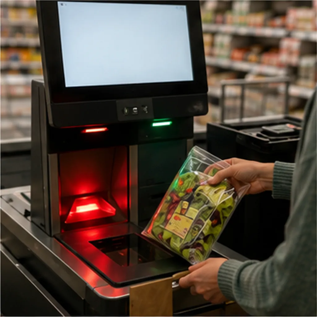 Illustration of a self-checkout machine know if you've placed the right item in the bag for the question "How does a self-checkout machine know if you've placed the right item in the bag?"