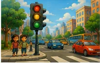 Illustration of traffic lights help cities work for the question "How do traffic lights help cities work?"