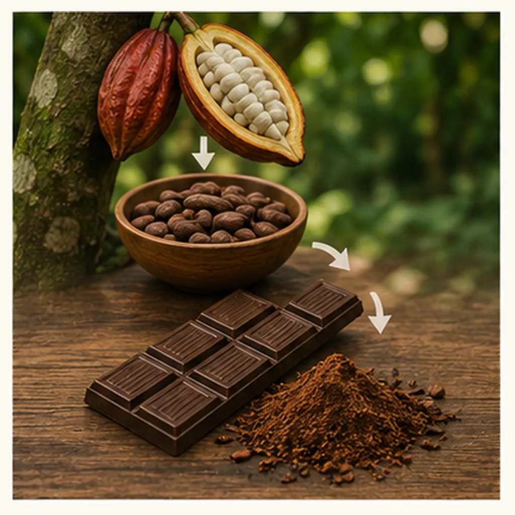 Illustration of chocolate get made for the question "How does chocolate get made?"