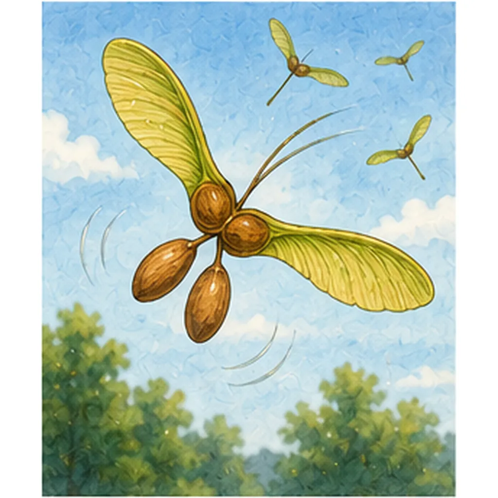 Illustration of some seeds fly like tiny helicopters for the question "Why do some seeds fly like tiny helicopters?"