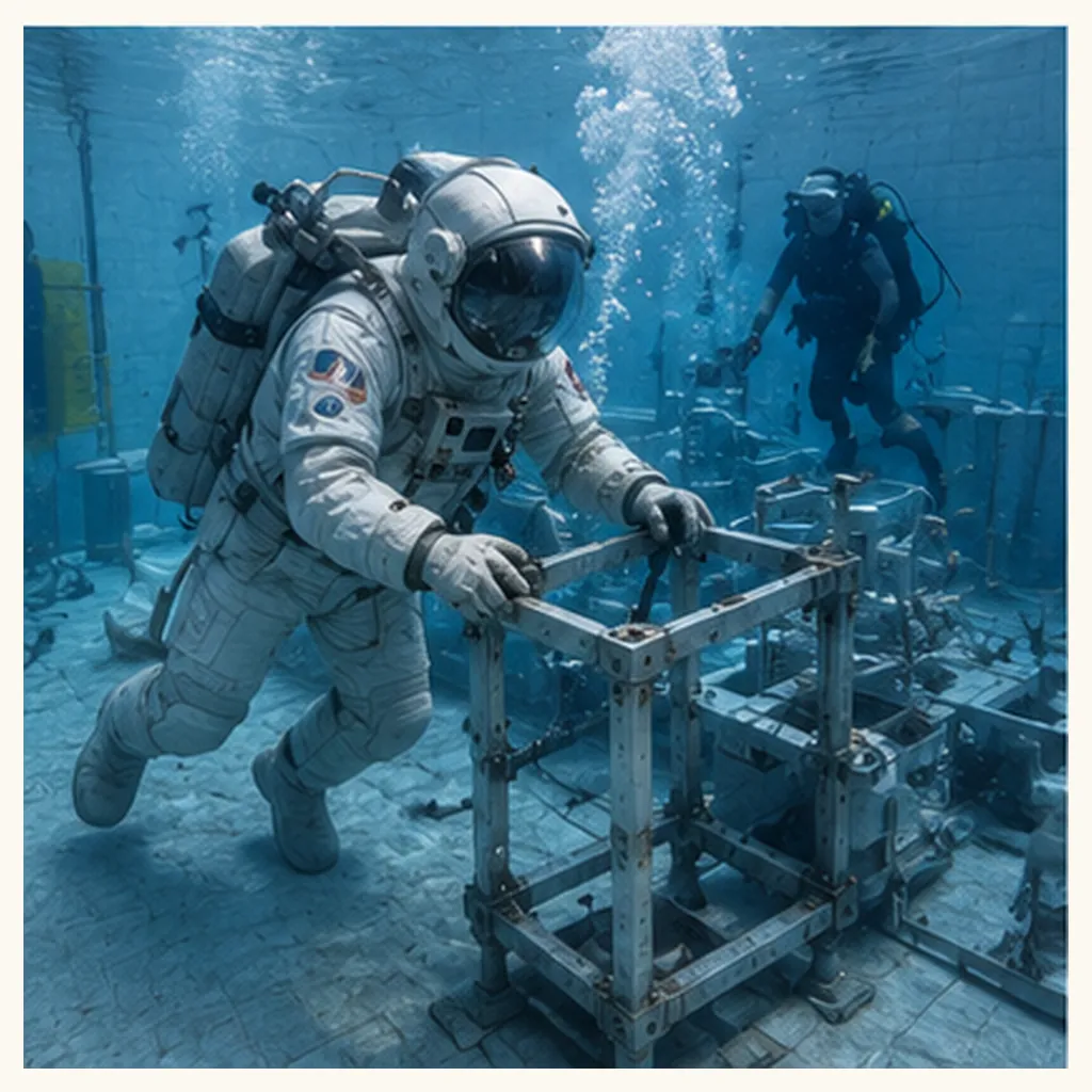 Illustration of astronauts train underwater for the question "Why do astronauts train underwater?"