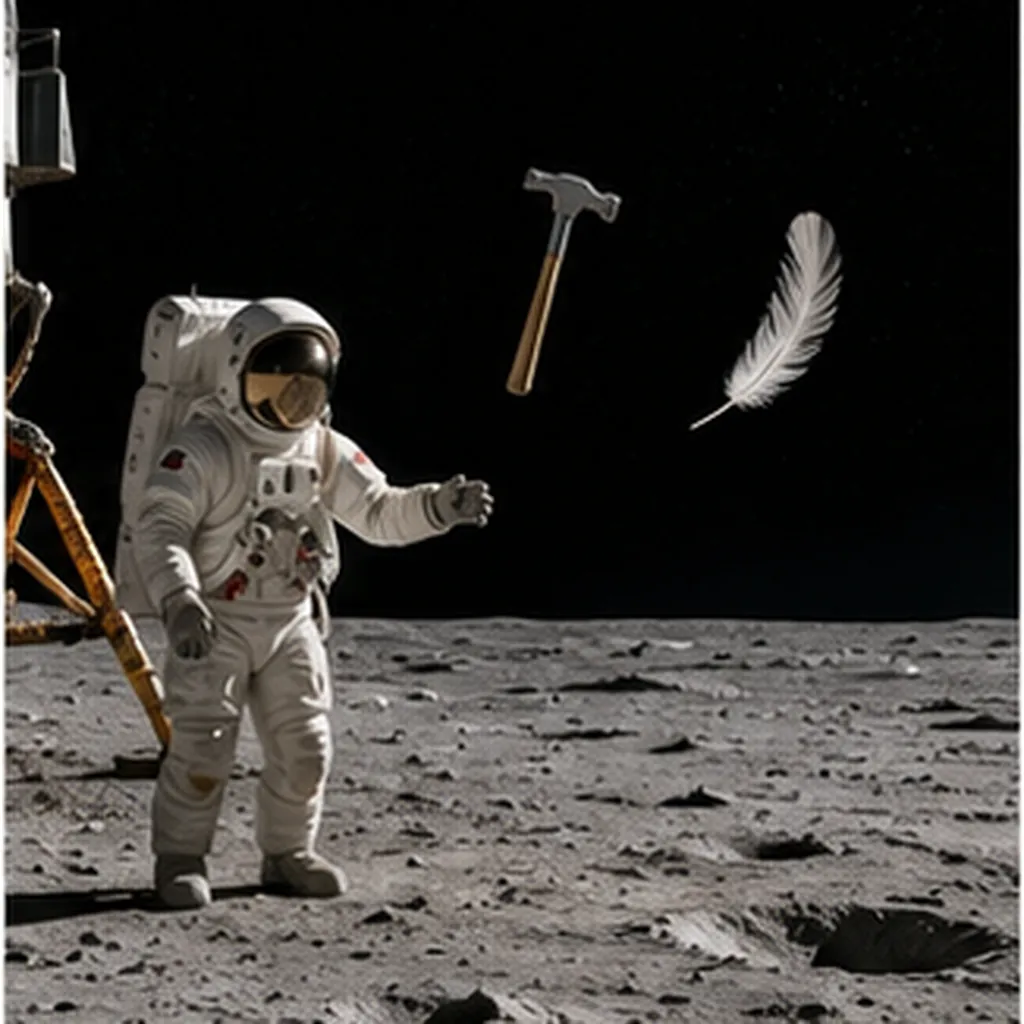 Illustration of astronauts drop a hammer and a feather on the moon for the question "Why did astronauts drop a hammer and a feather on the Moon?"