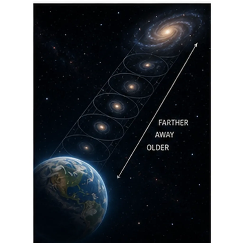 Illustration of scientists look back in time with telescopes for the question "How do scientists look back in time with telescopes?"